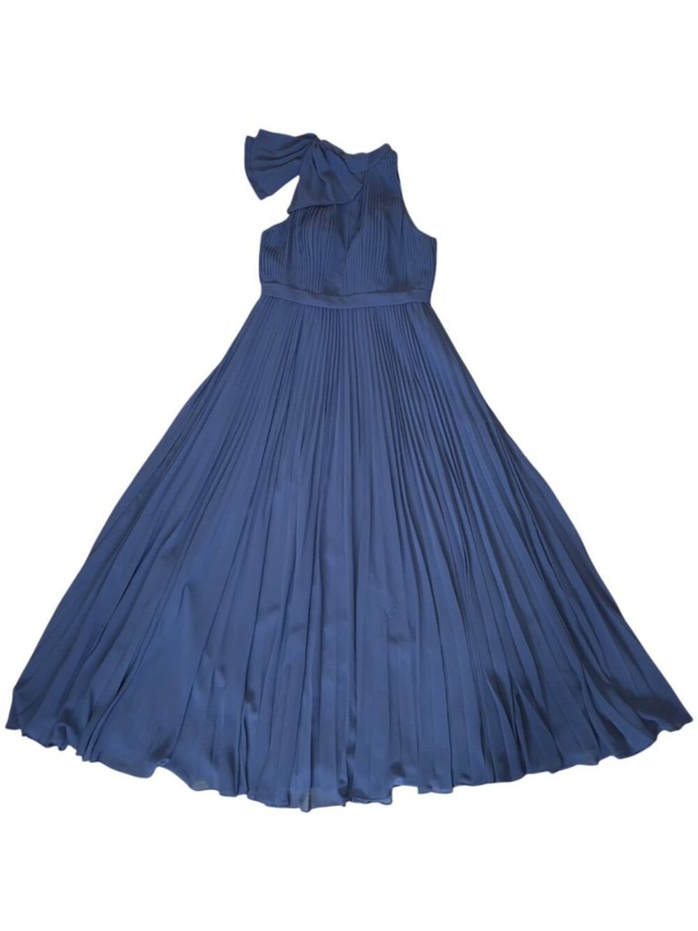 Azazie Custom C Navy Pleated Maxi Dress Bow Shoulder Zipper closure 100% Polyest